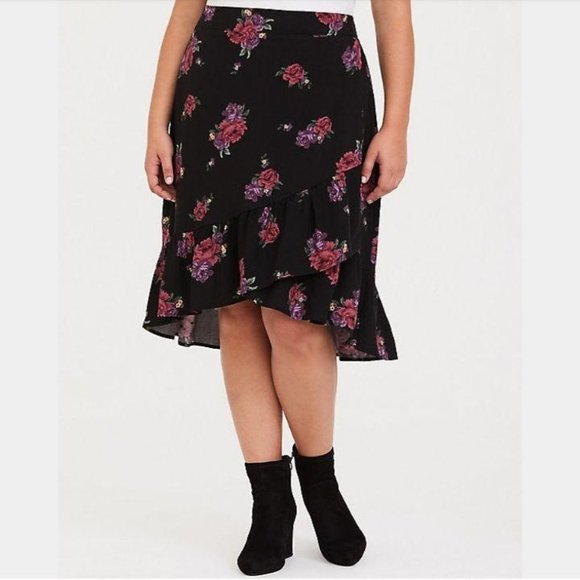 torrid Dresses & Skirts - Torrid Black Floral Ruffle Challis Hi-Lo Skirt